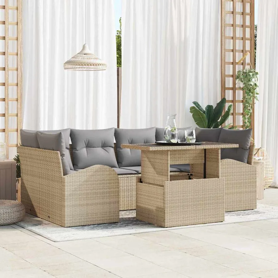 Ensemble de canapé de jardin 7 pcs Beige Poly Rattan