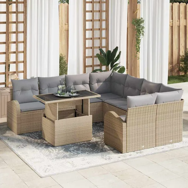 Ensemble de canapé de jardin 9 pcs Beige Poly Rattan