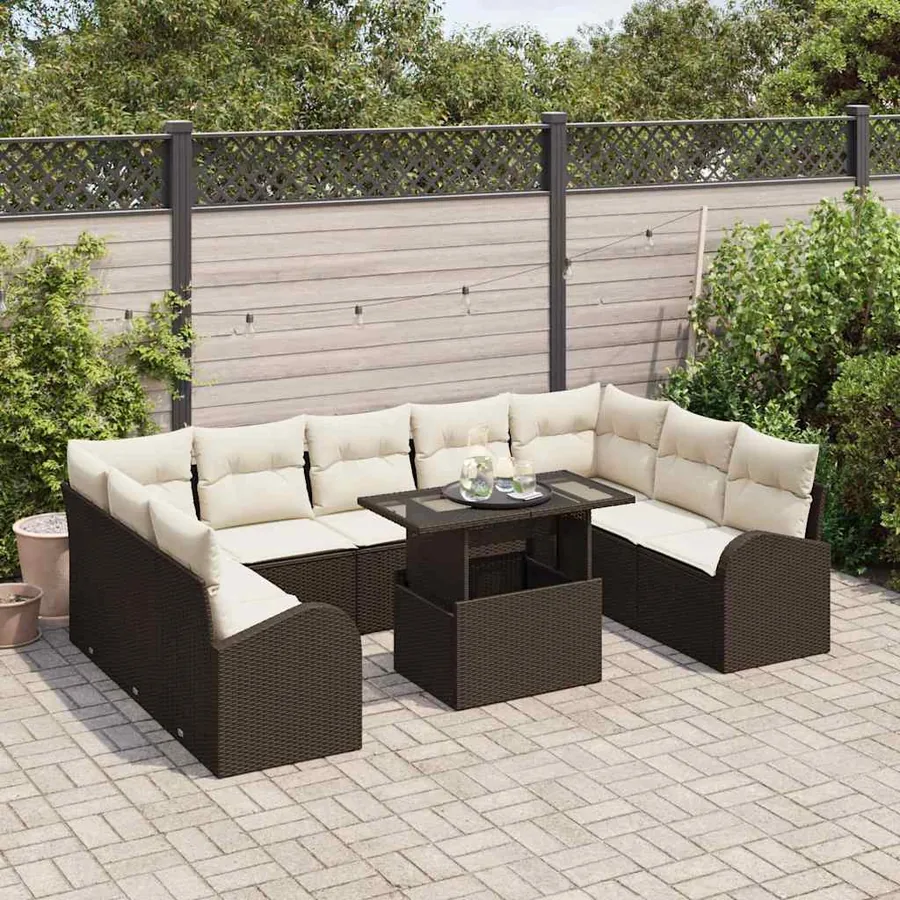Ensemble de canapé de jardin 10 pcs Marron Poly rotin - 3