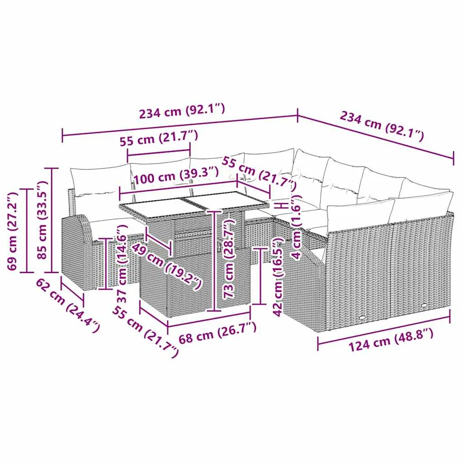 Ensemble de canapé de jardin 9 pcs Marron Poly Rattan - 15
