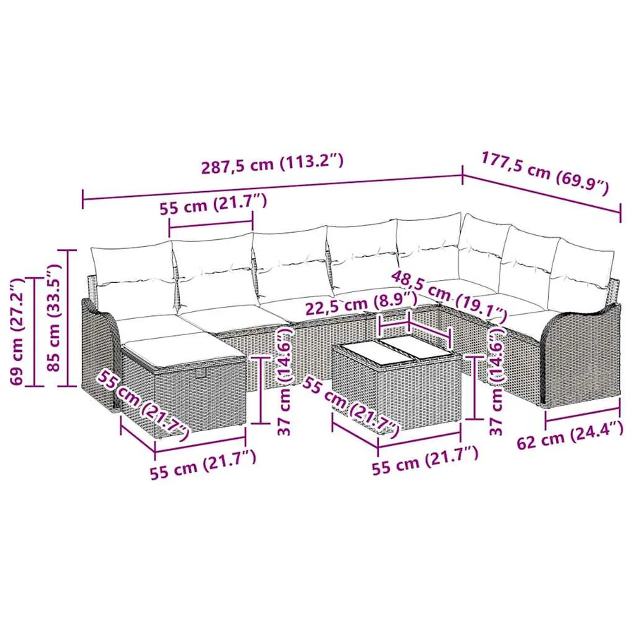 Ensemble de canapé de jardin avec coussin 9 pcs Noir Poly rotin - 15