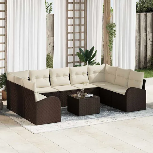 Ensemble de canapé de jardin 10 pcs Marron et blanc polyrotin