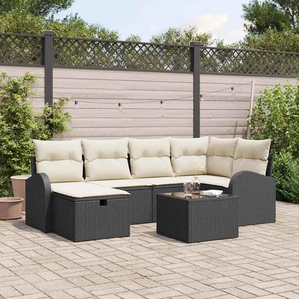 Ensemble de Canapés avec coussin 7 pcs Noir et Crème polyrotin