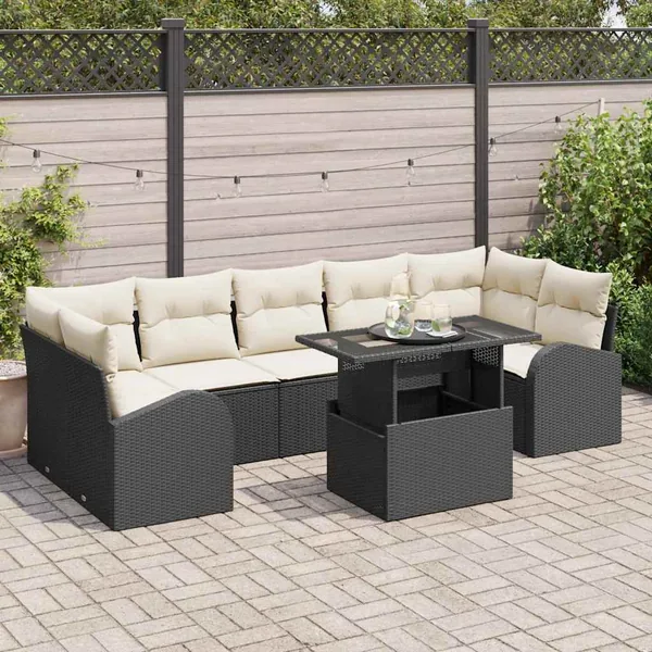 Ensemble de canapé de jardin avec coussin 8 pcs Noir Poly rotin