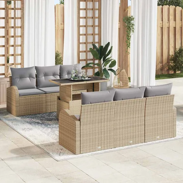 Ensemble de canapé de jardin 7 pcs Beige Poly rotin