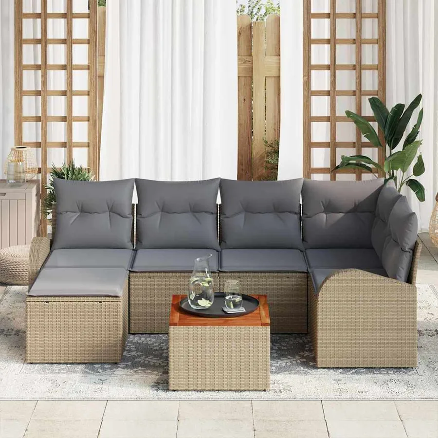Ensemble de canapé de jardin avec coussin 7 pcs Beige polyrotin - 3
