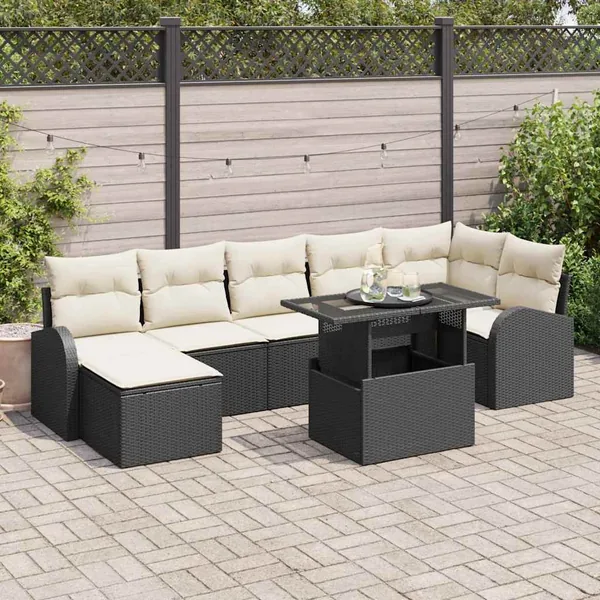 Ensemble de canapé de jardin 8 pcs Noir et Crème polyrotin