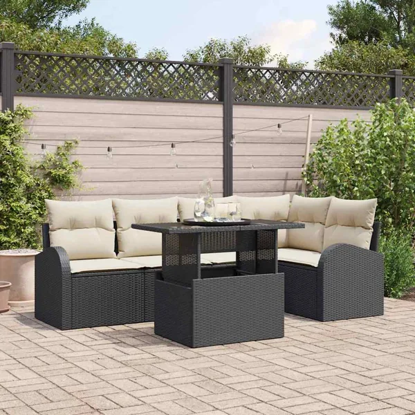 Ensemble de canapé de jardin 6 pcs Noir et Crème polyrotin
