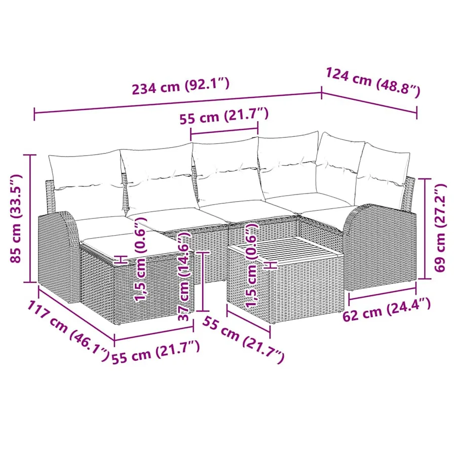 Ensemble de canapé de jardin avec coussin 7 pcs Noir polyrotin - 10
