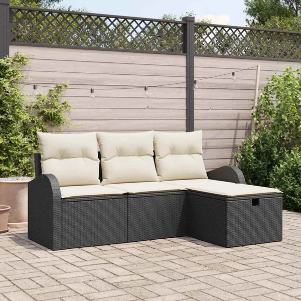 Ensemble de Canapés avec coussin 4 pcs Noir et Crème polyrotin