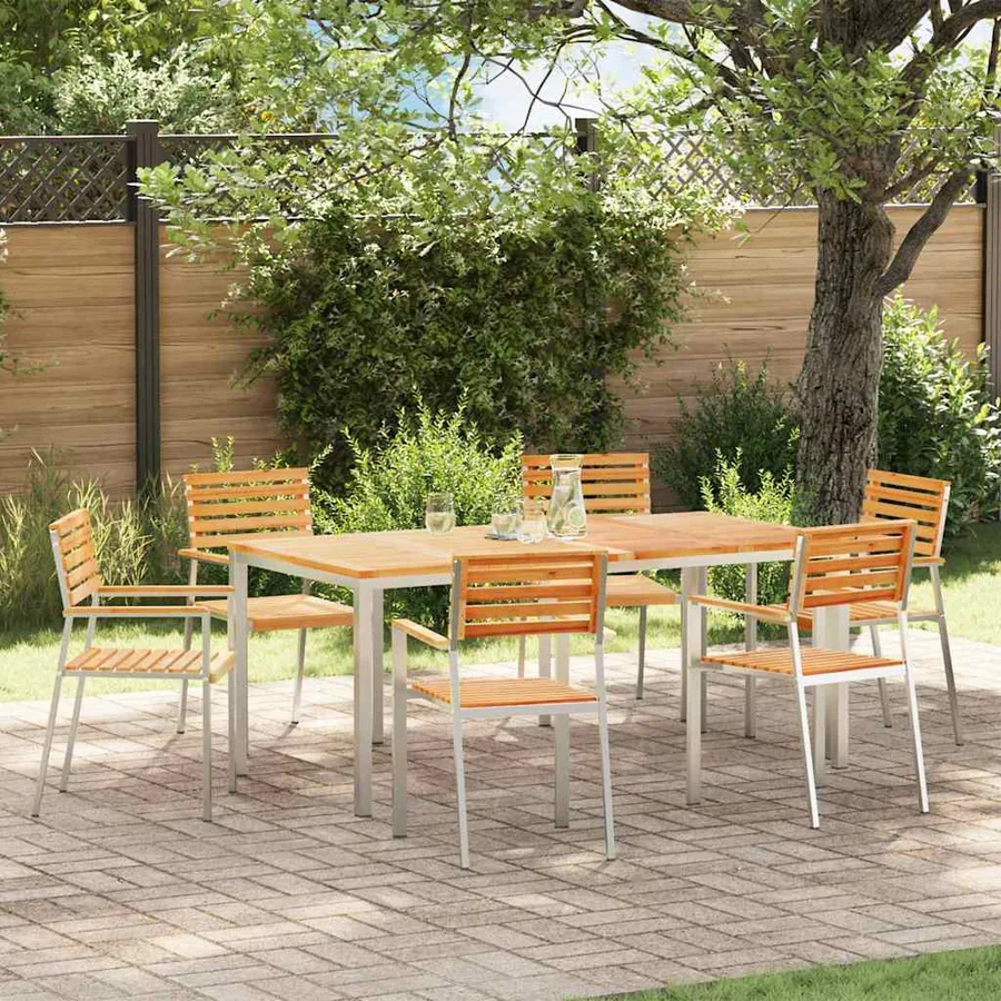 Chaise de jardin 6 pcs Bois de teck massif et acier inoxydable