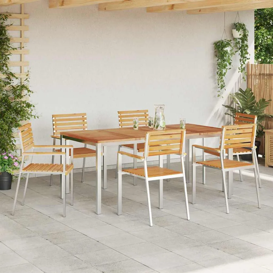 Chaise de jardin 6 pcs Bois de teck massif et acier inoxydable - 3