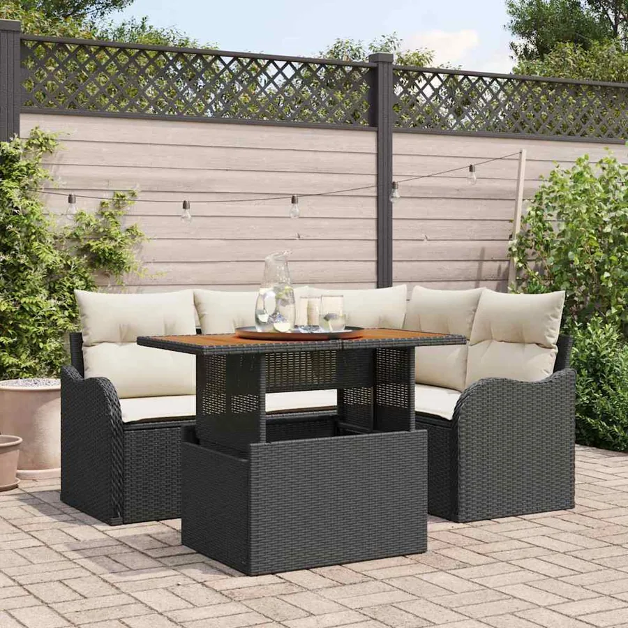Ensemble de canapé de jardin 5 pcs Noir et Crème polyrotin