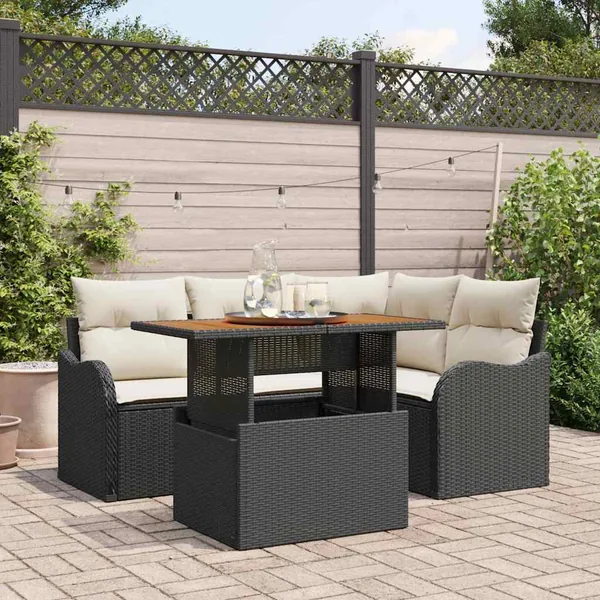Ensemble de canapé de jardin 5 pcs Noir et Crème polyrotin