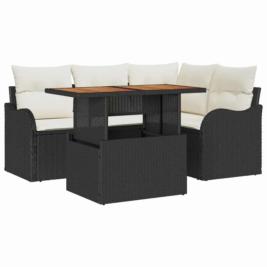 Ensemble de canapé de jardin 5 pcs Noir et Crème polyrotin - 2