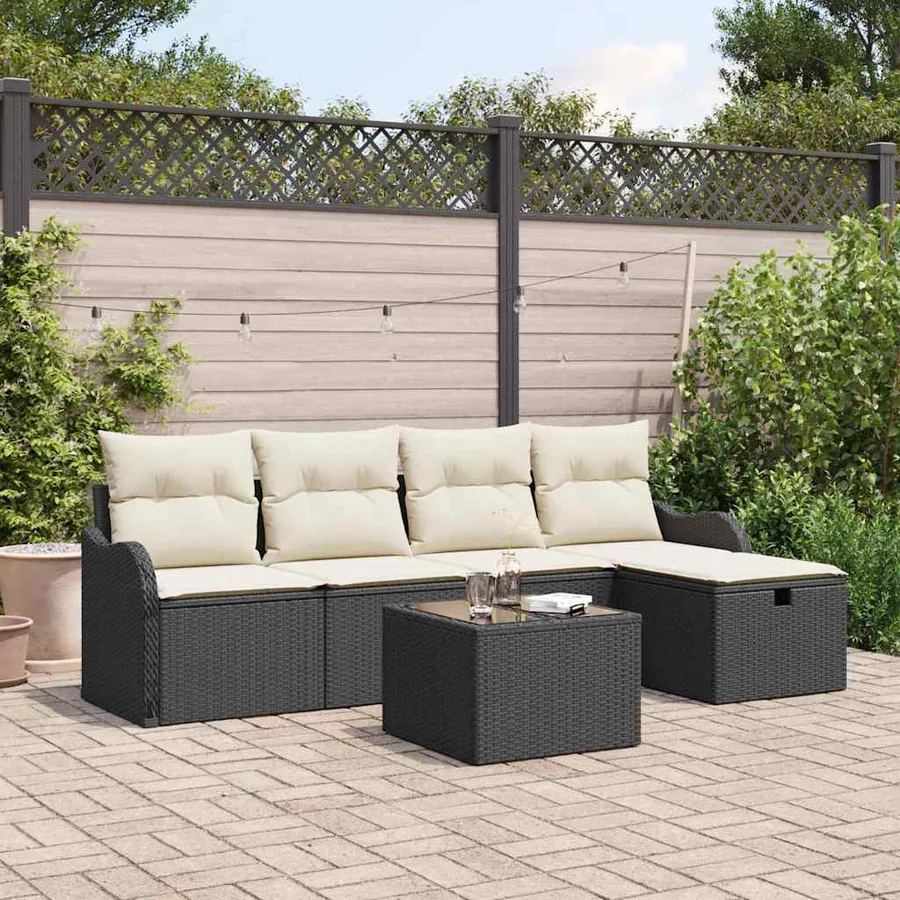 Ensemble de canapé de jardin 6 pcs Noir et Crème polyrotin