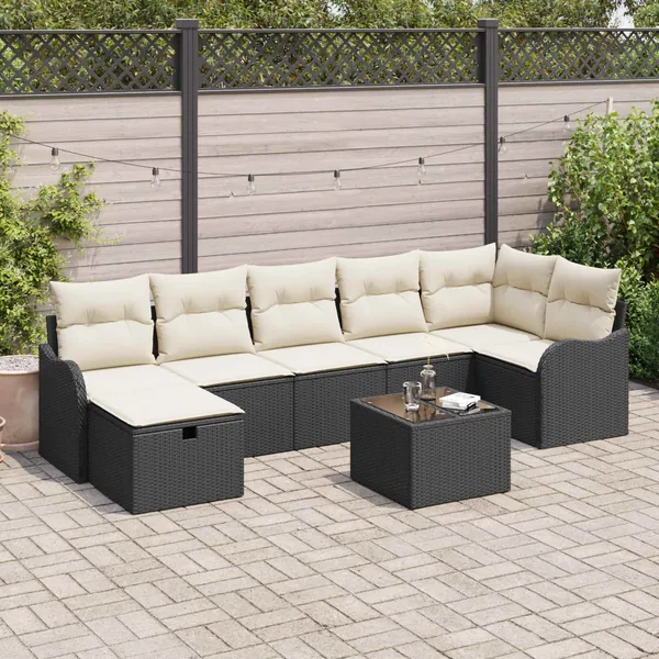 Ensemble de Canapés avec coussin 8 pcs Noir et Crème polyrotin