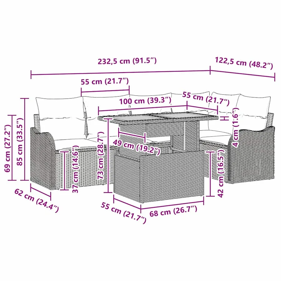 Ensemble de canapé de jardin 6 pcs Noir et Crème polyrotin - 11