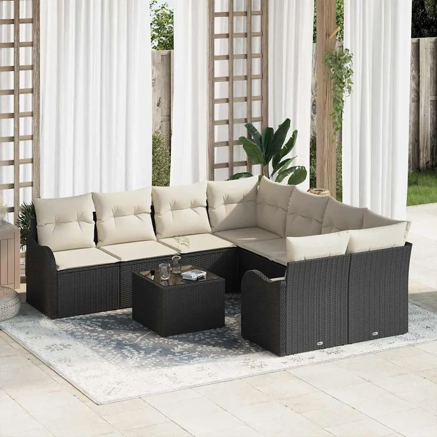 Ensemble de canapé de jardin avec coussin 9 pcs Noir et Crème