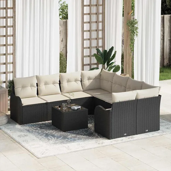 Ensemble de canapé de jardin avec coussin 9 pcs Noir et Crème