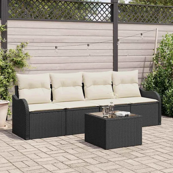 Ensemble de canapé de jardin 5 pcs Noir et Crème polyrotin