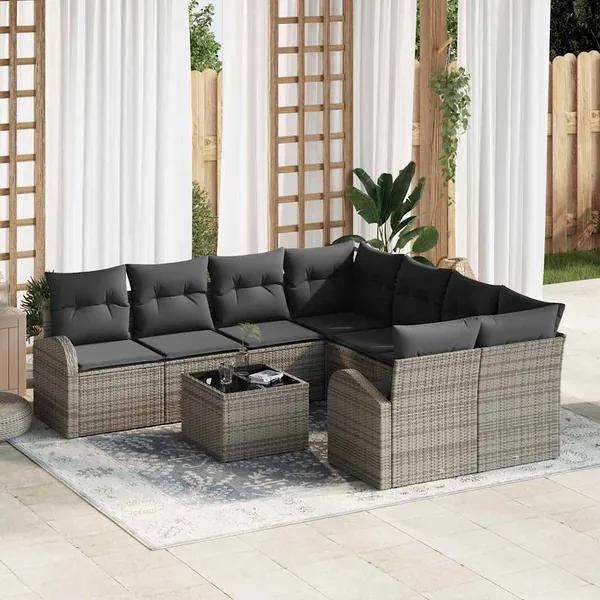 Ensemble de Canapés avec coussin 9 pcs Gris polyrotin