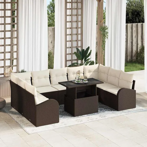 Ensemble de canapé de jardin 10 pcs Marron et Crème polyrotin