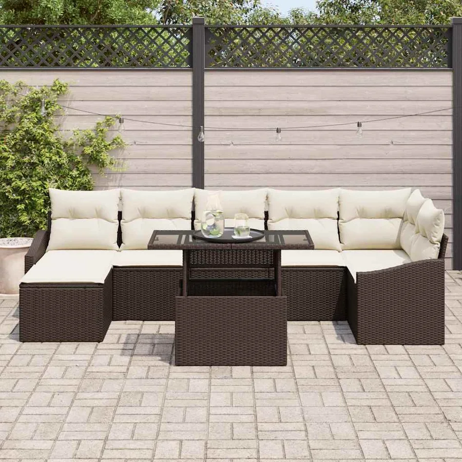 Ensemble de canapé de jardin 8 pcs Marron et Crème polyrotin - 3