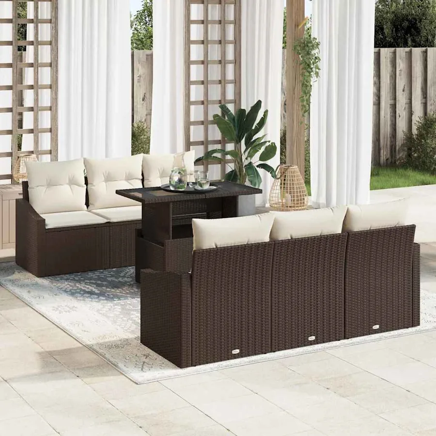 Ensemble de canapé de jardin 7 pcs Marron et Crème polyrotin