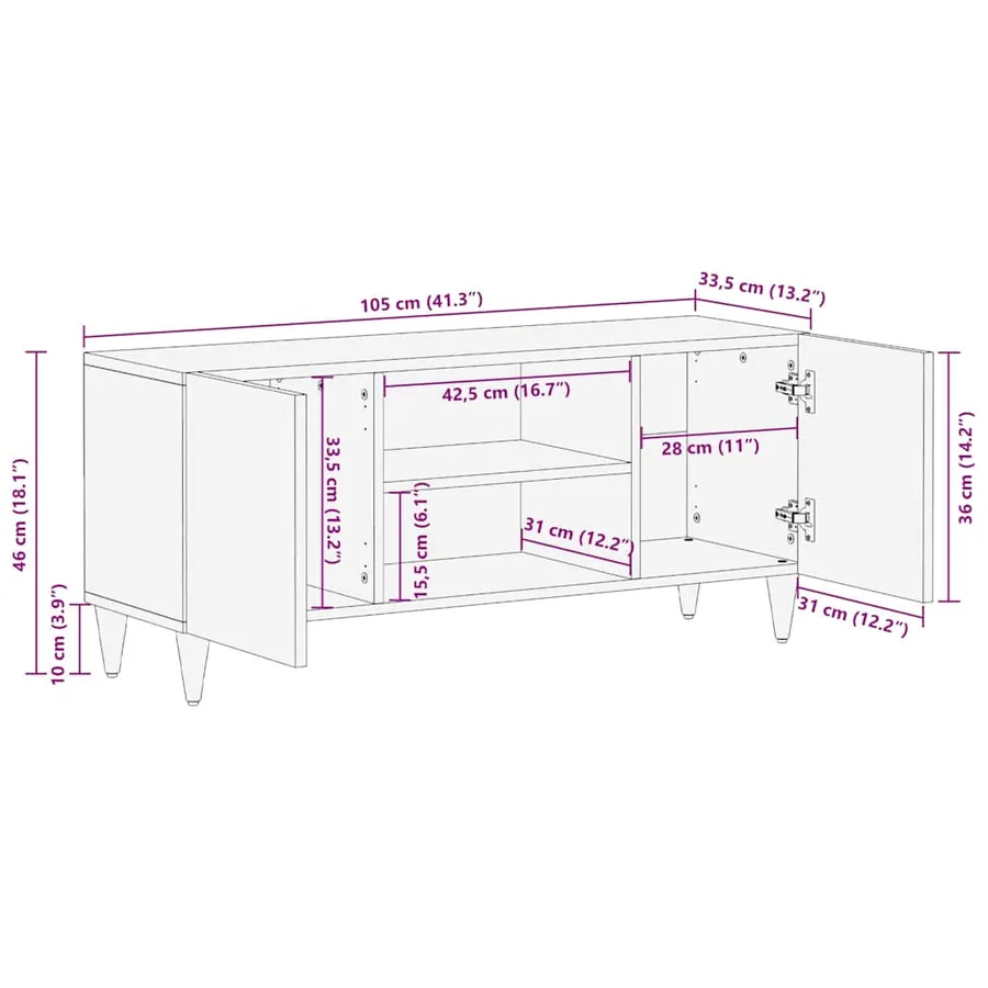 Meuble TV Marron 105 x 33,5 x 46 cm Bois de mangue massif - 11