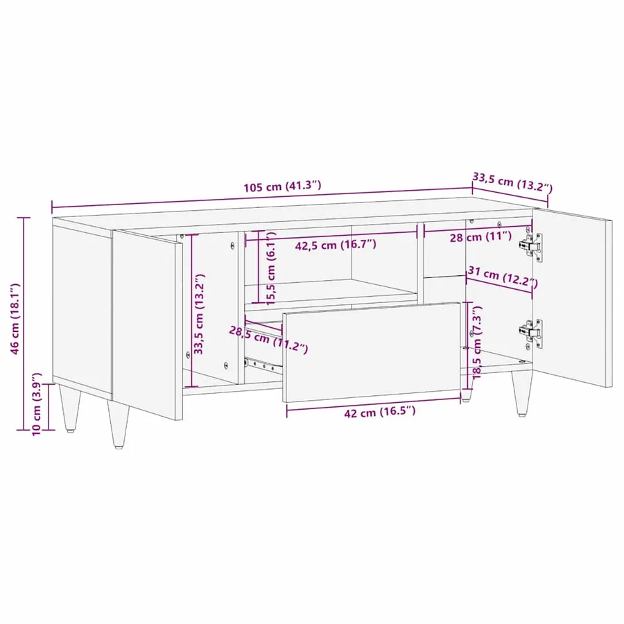 Meuble TV Marron 105 x 33,5 x 46 cm Bois de mangue massif - 11