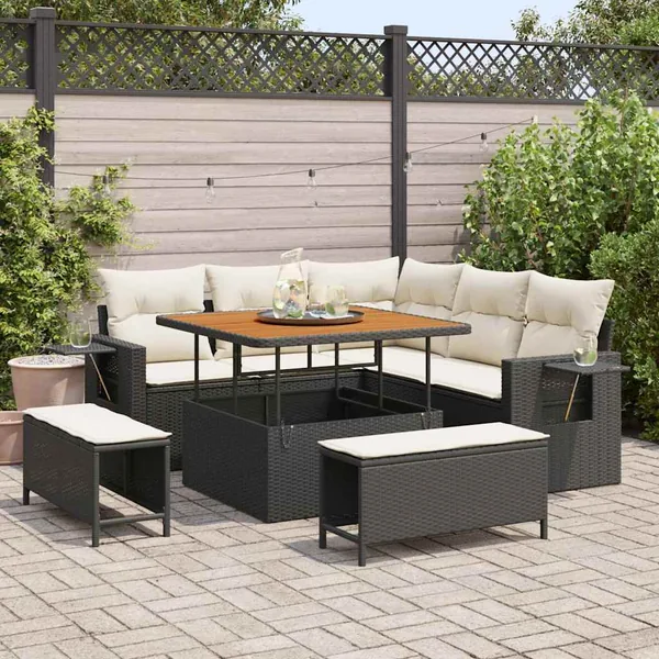 Ensemble de canapé de jardin 9 pcs Noir et Crème polyrotin