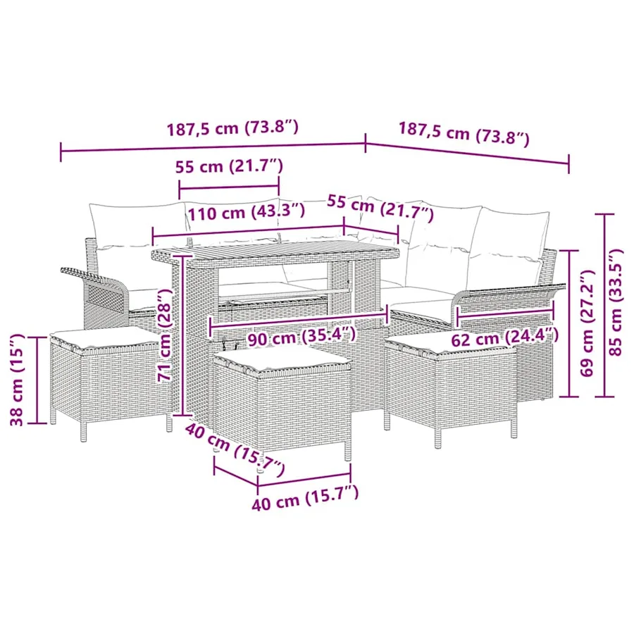 Ensemble de canapé de jardin avec coussin 9 pcs Noir - 18