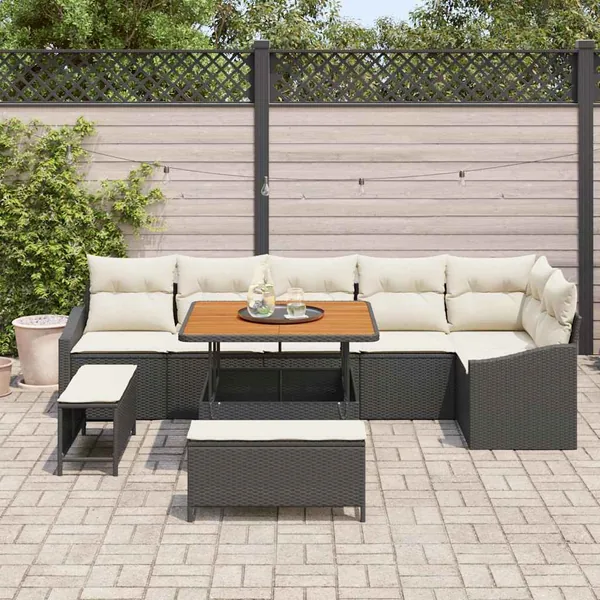 Ensemble de canapé de jardin avec coussin 9 pcs Noir Poly rotin
