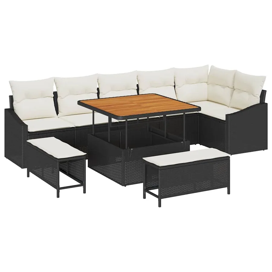 Ensemble de canapé de jardin avec coussin 9 pcs Noir Poly rotin - 2