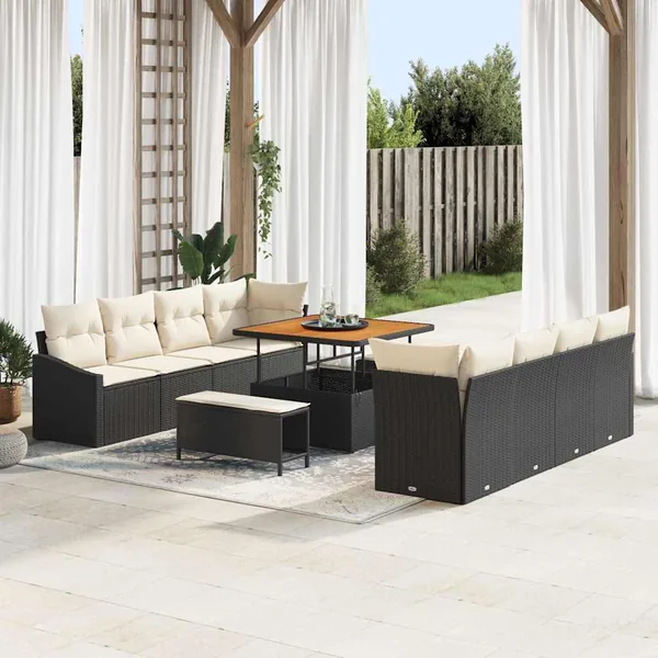 Ensemble de canapé de jardin avec coussin 11 pcs Noir et Crème