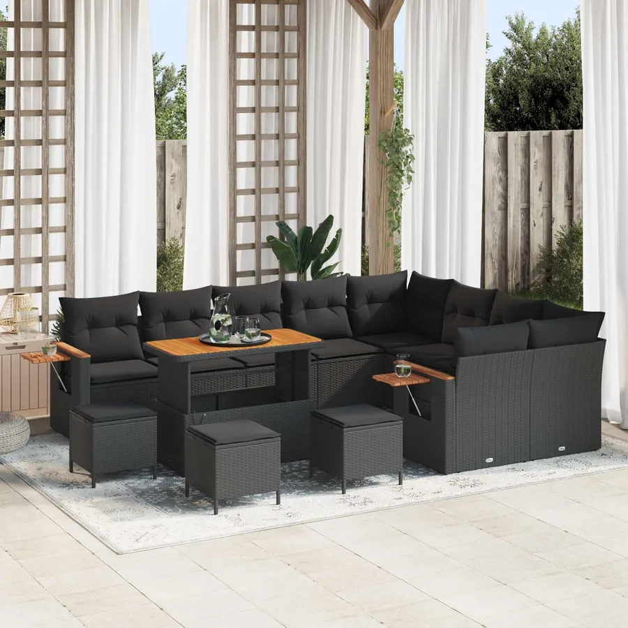 Ensemble de canapé de jardin avec coussin 14 pcs Noir polyrotin