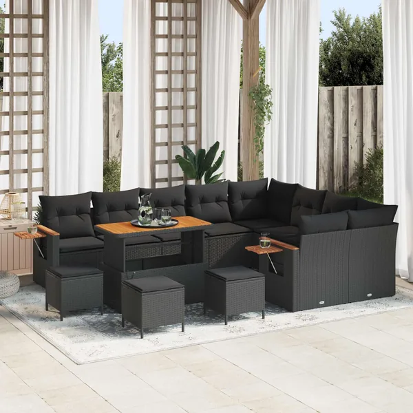 Ensemble de canapé de jardin avec coussin 14 pcs Noir polyrotin