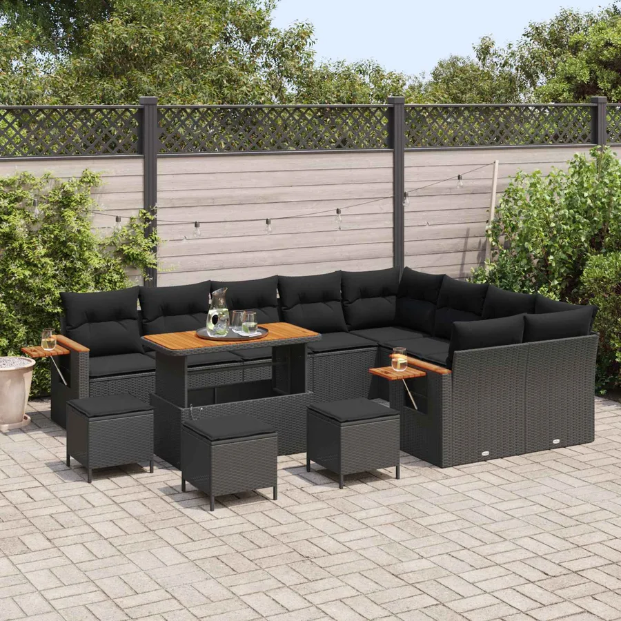 Ensemble de canapé de jardin avec coussin 14 pcs Noir polyrotin - 3