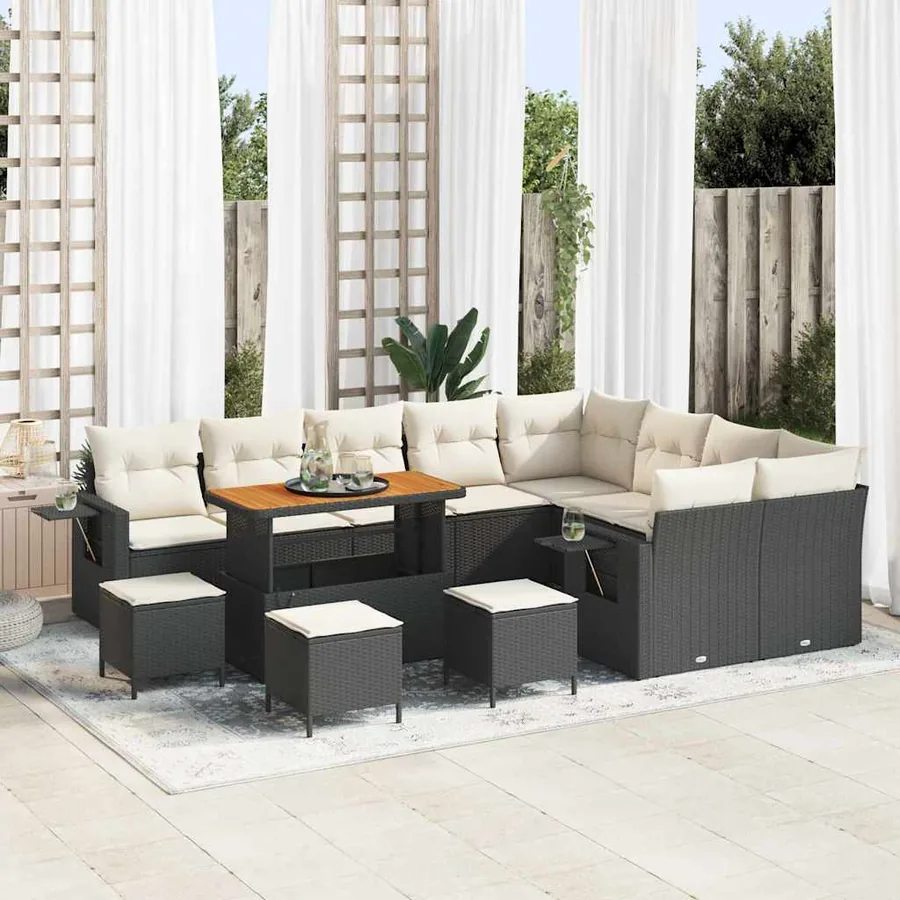 Ensemble de canapé de jardin 13 pcs Noir et Crème polyrotin
