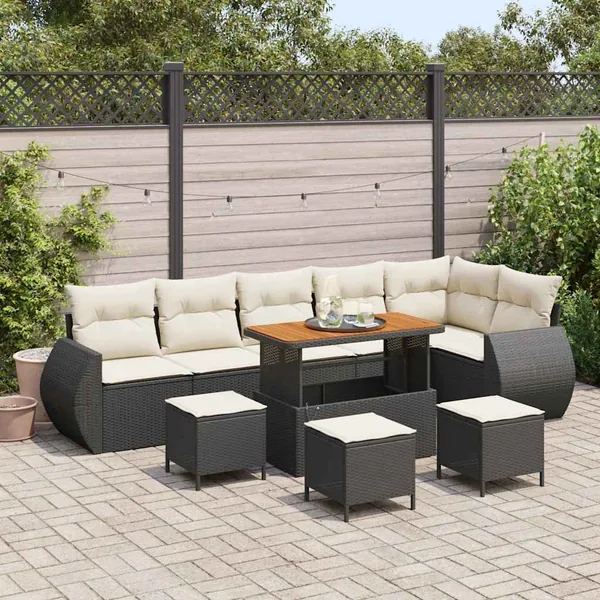 Ensemble de canapé de jardin 10 pcs Noir et Crème Poly Rattan