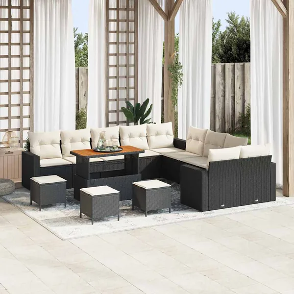 Ensemble de canapé de jardin 18 pcs Noir et Crème polyrotin