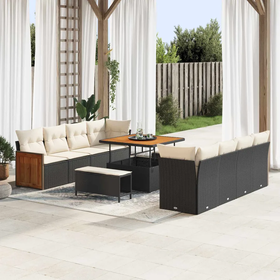 Ensemble de canapé de jardin avec coussin 11 pcs Noir et Crème