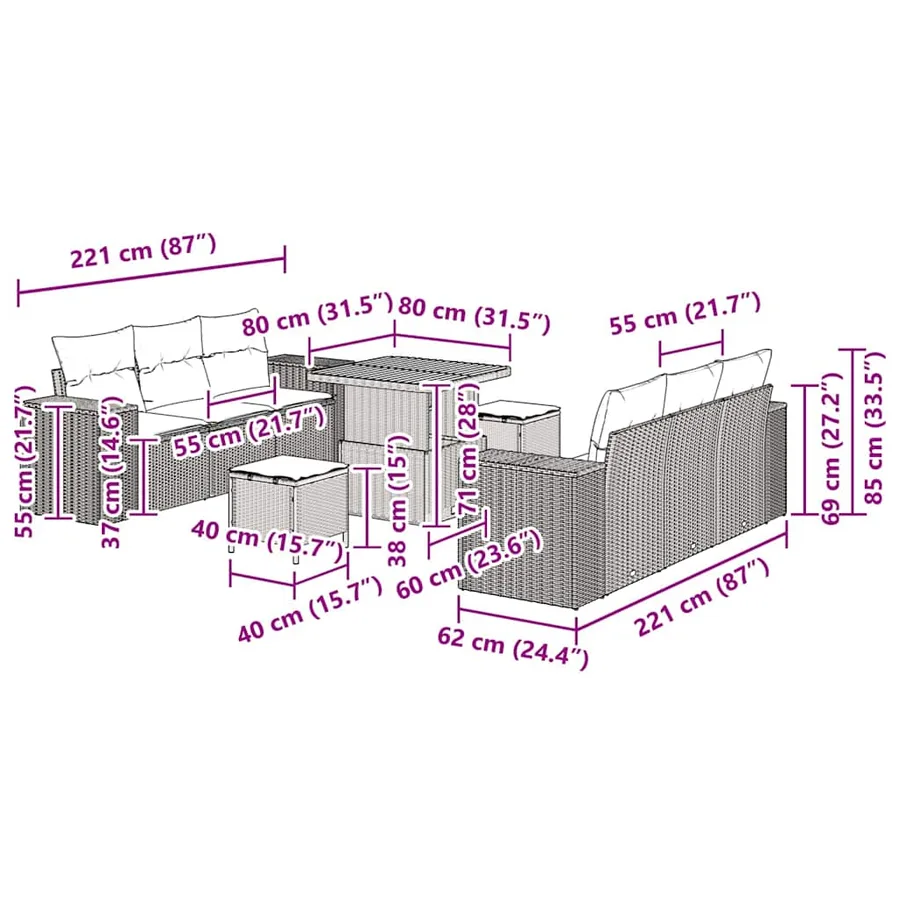 Ensemble de canapé de jardin Gris 221 x 204 x 85 cm Poly Rattan - 15