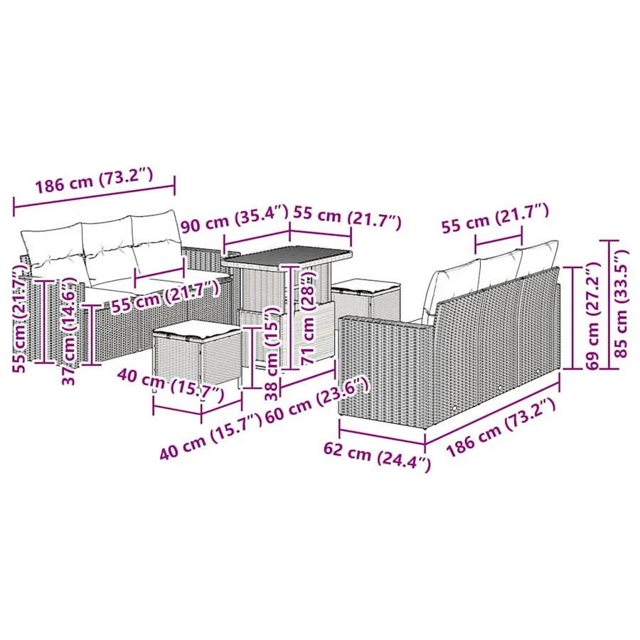 Ensemble de canapé de jardin 9 pcs Noir et gris clair - 12