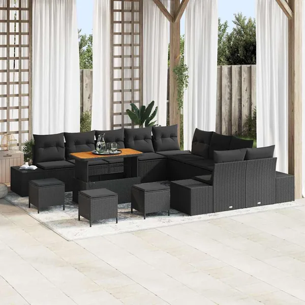 Ensemble de canapé de jardin 14 pcs Noir Poly rotin