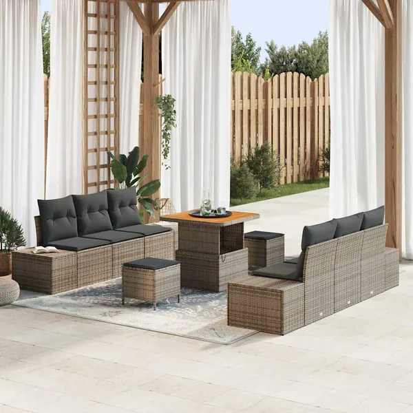 Ensemble de canapé de jardin avec coussin 9 pcs Gris Poly rotin