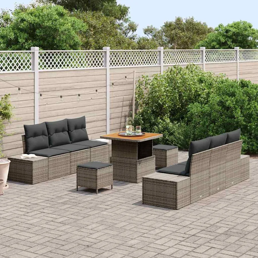 Ensemble de canapé de jardin avec coussin 9 pcs Gris Poly rotin - 3