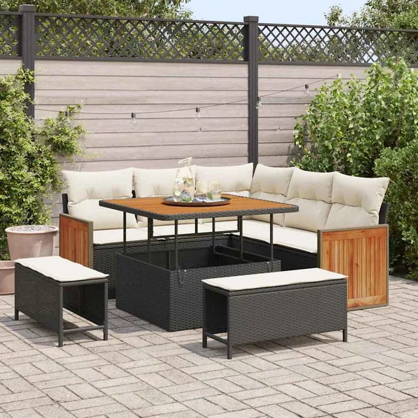 Ensemble de canapé de jardin 9 pcs Noir et Crème polyrotin