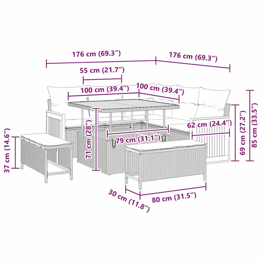 Ensemble de canapé de jardin 9 pcs Noir et Crème polyrotin - 14